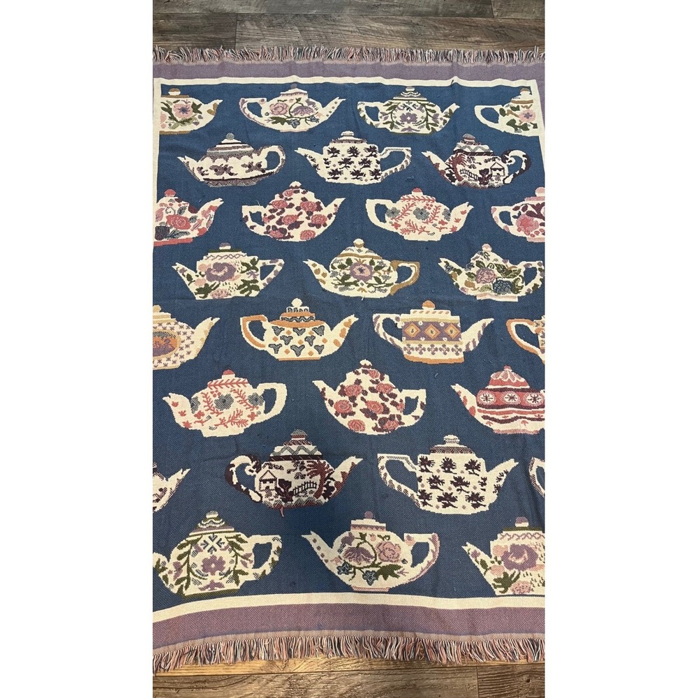 Goodwin Weavers Teapot Woven Throw Blanket Blue Cotton Fringed USA 50x60